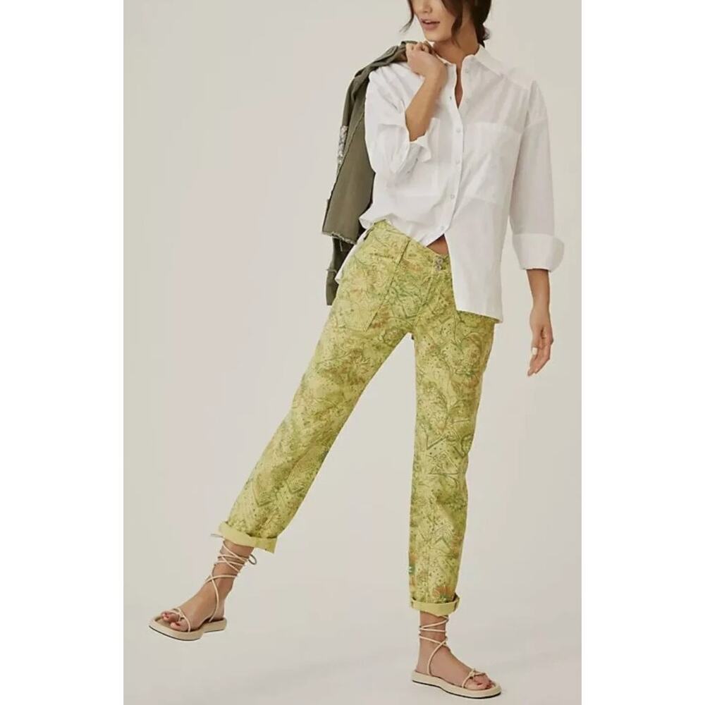Anthropologie Pilcro The Wanderer Low Rise Floral Pants Green Chartreuse Size 27